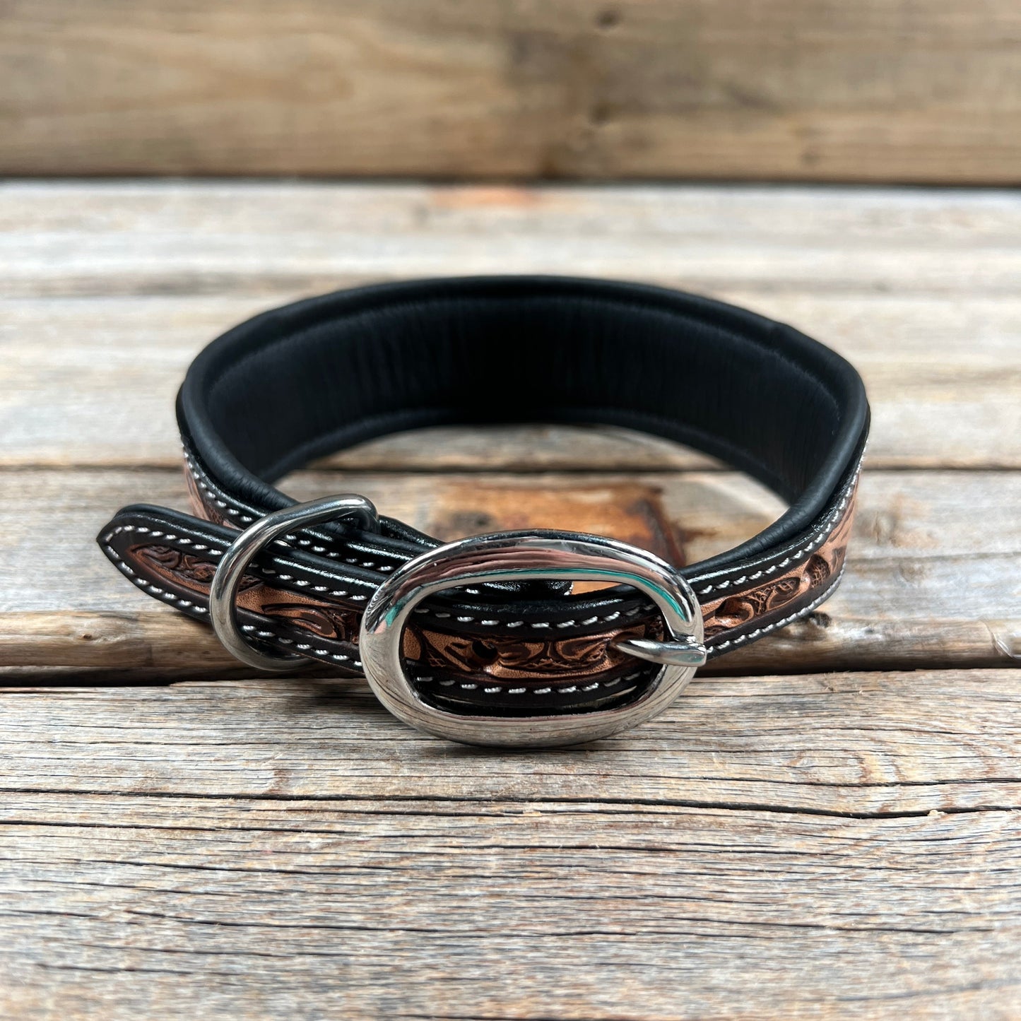 Tooled Peach and Black Leather Beaded Dog Collar #DC445