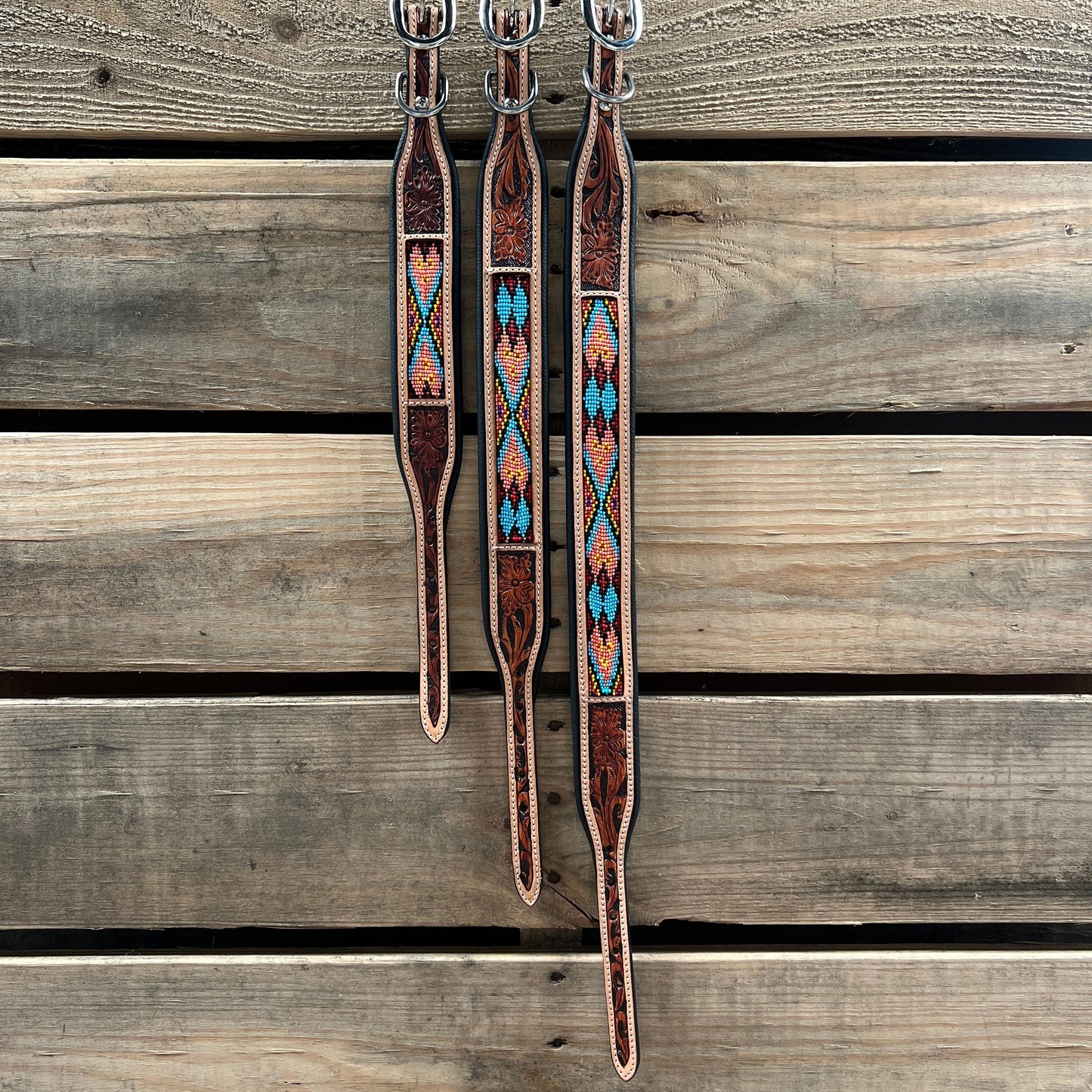 Tooled Peach and Red Leather Beaded Dog Collar #DC444