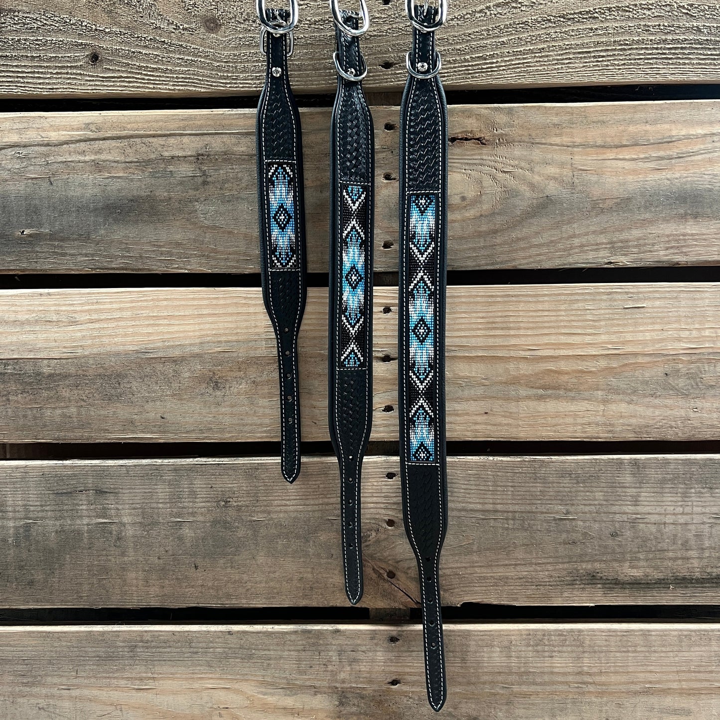 Tooled Light Blue Leather Beaded Dog Collar #DC441