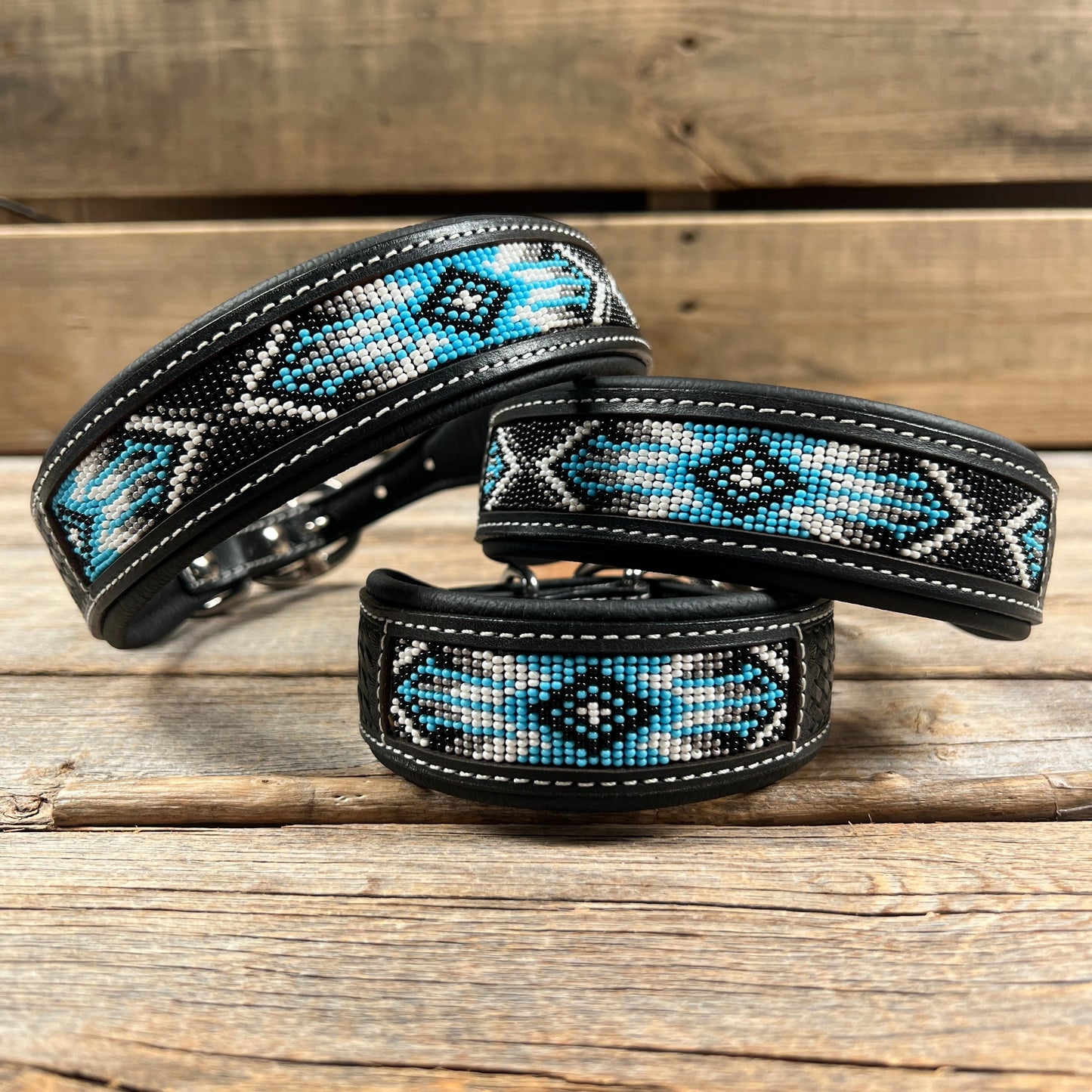 Tooled Light Blue Leather Beaded Dog Collar #DC441