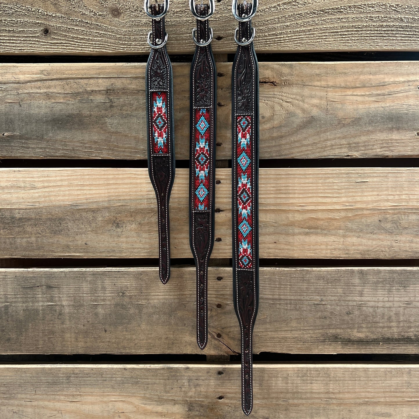 Tooled Red and Blue Leather Beaded Dog Collar #DC442