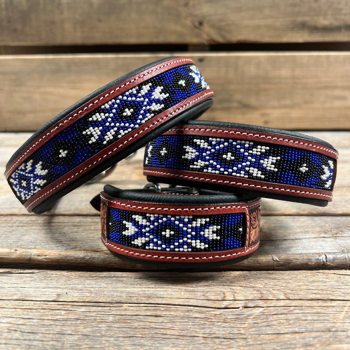 Tooled Blue and White Leather Beaded Dog Collar #DC440