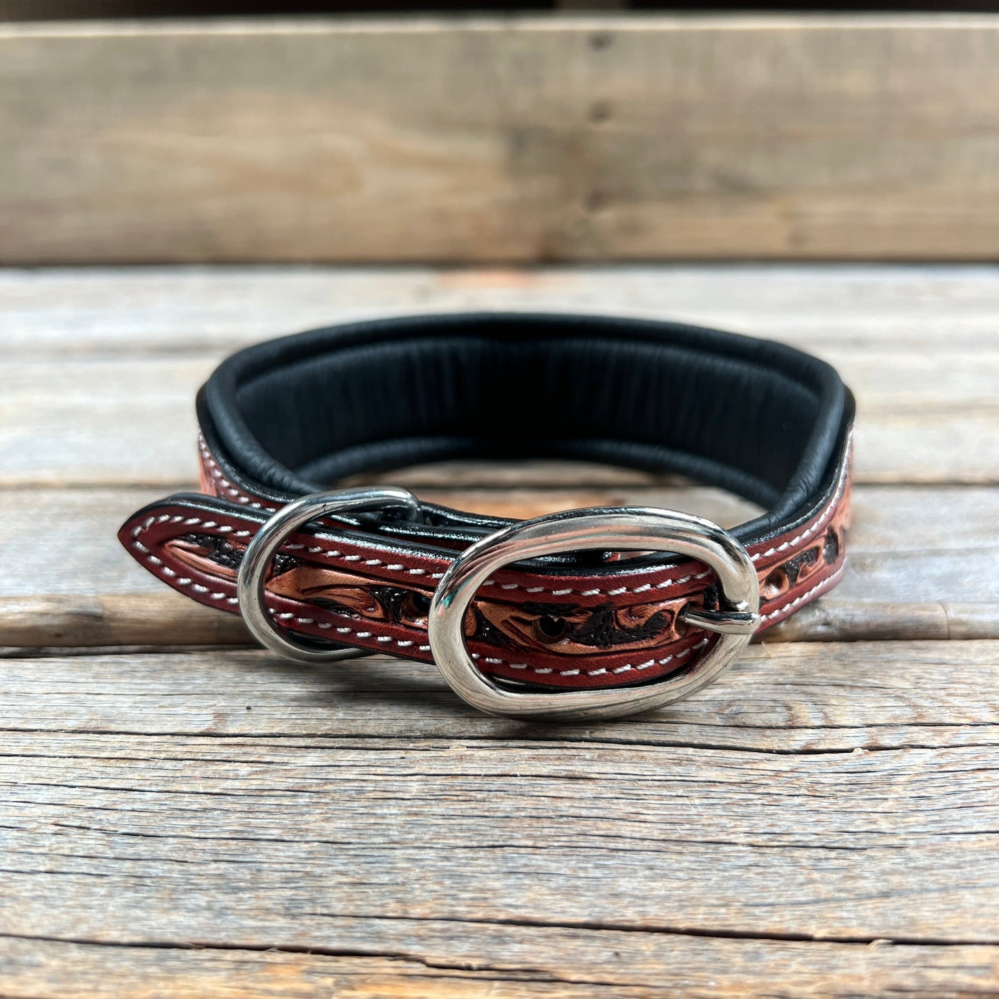 Tooled Blue and White Leather Beaded Dog Collar #DC440