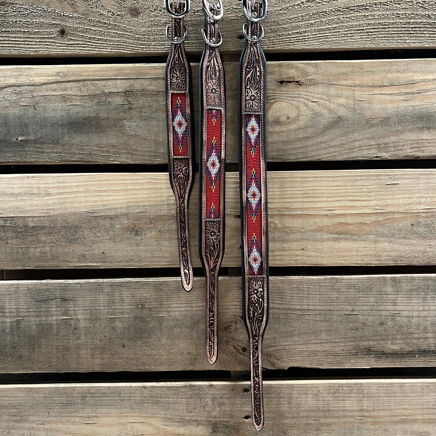 Tooled Red Leather Beaded Dog Collar #DC439