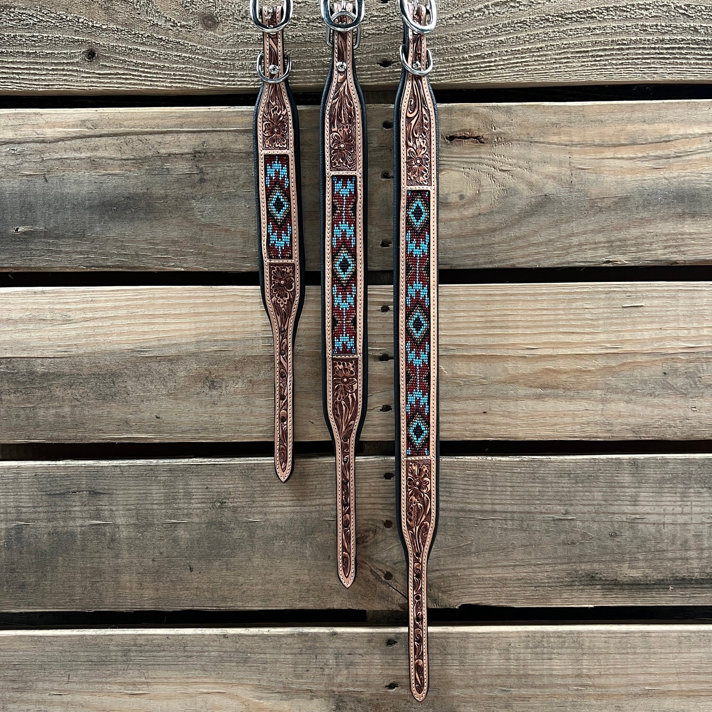 Tooled Brown and Blue Leather Beaded Dog Collar #DC438