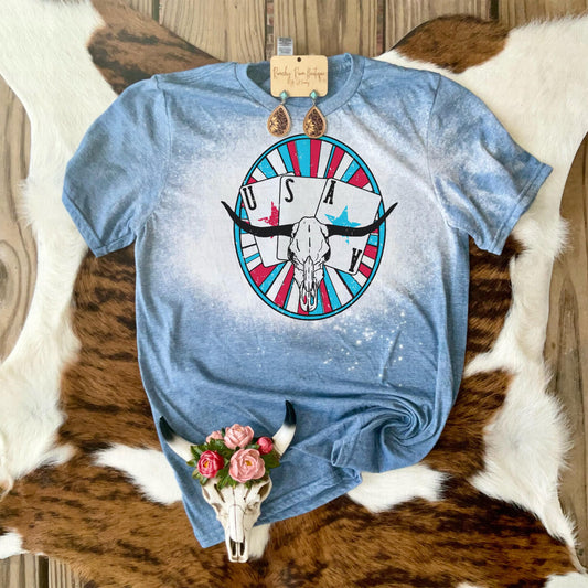 U.S.A Western Bull Skull Retro Tee