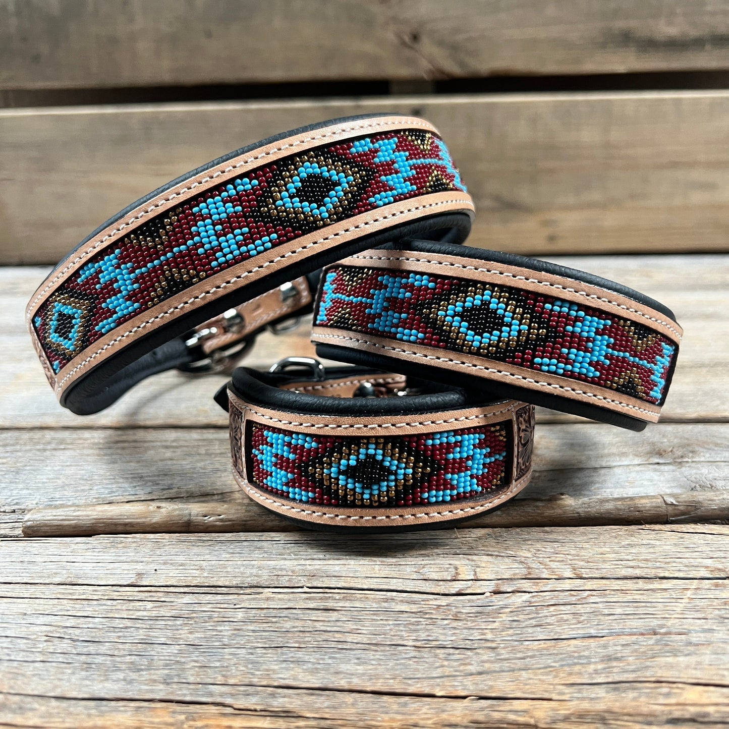 Tooled Brown and Blue Leather Beaded Dog Collar #DC438