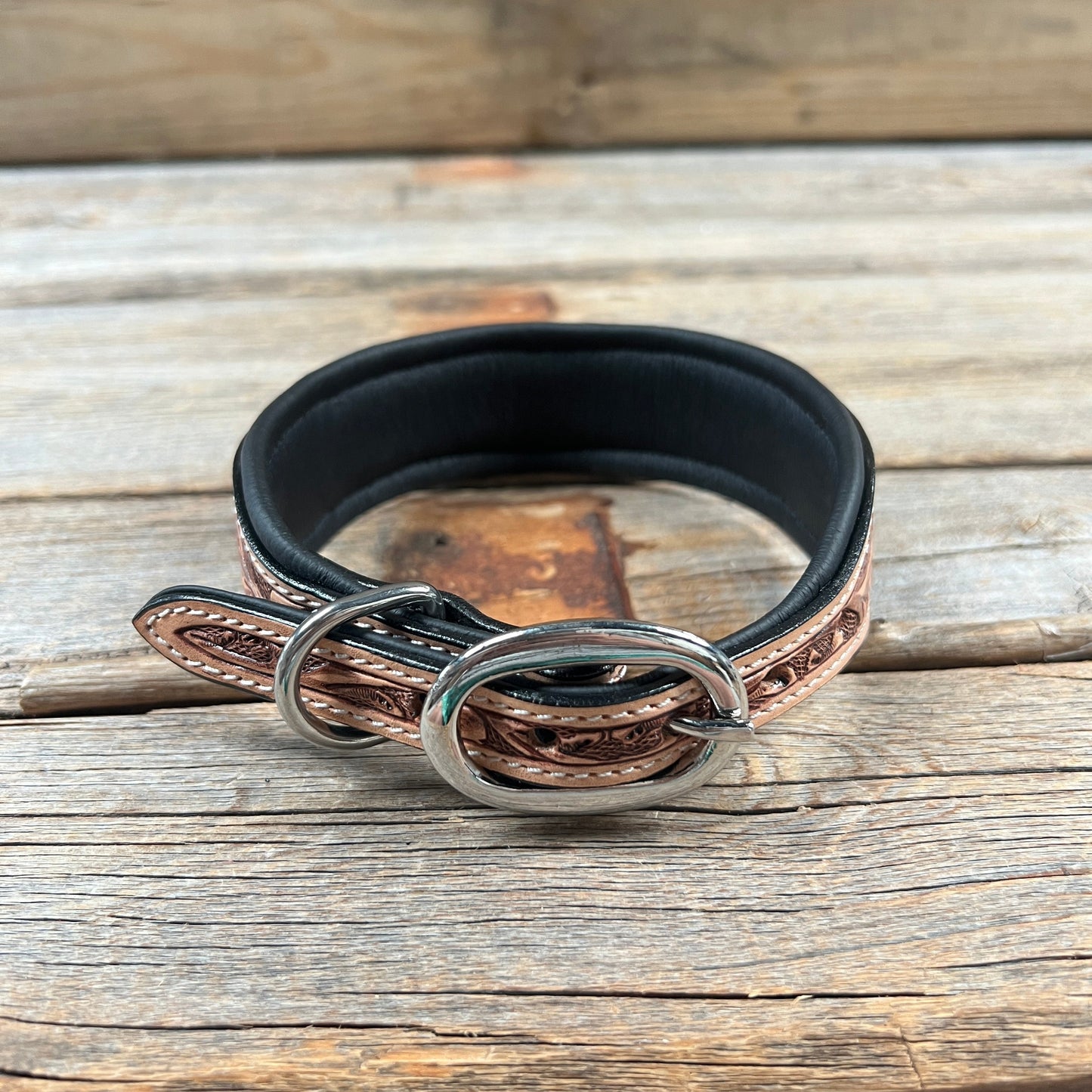 Tooled Brown and Blue Leather Beaded Dog Collar #DC438