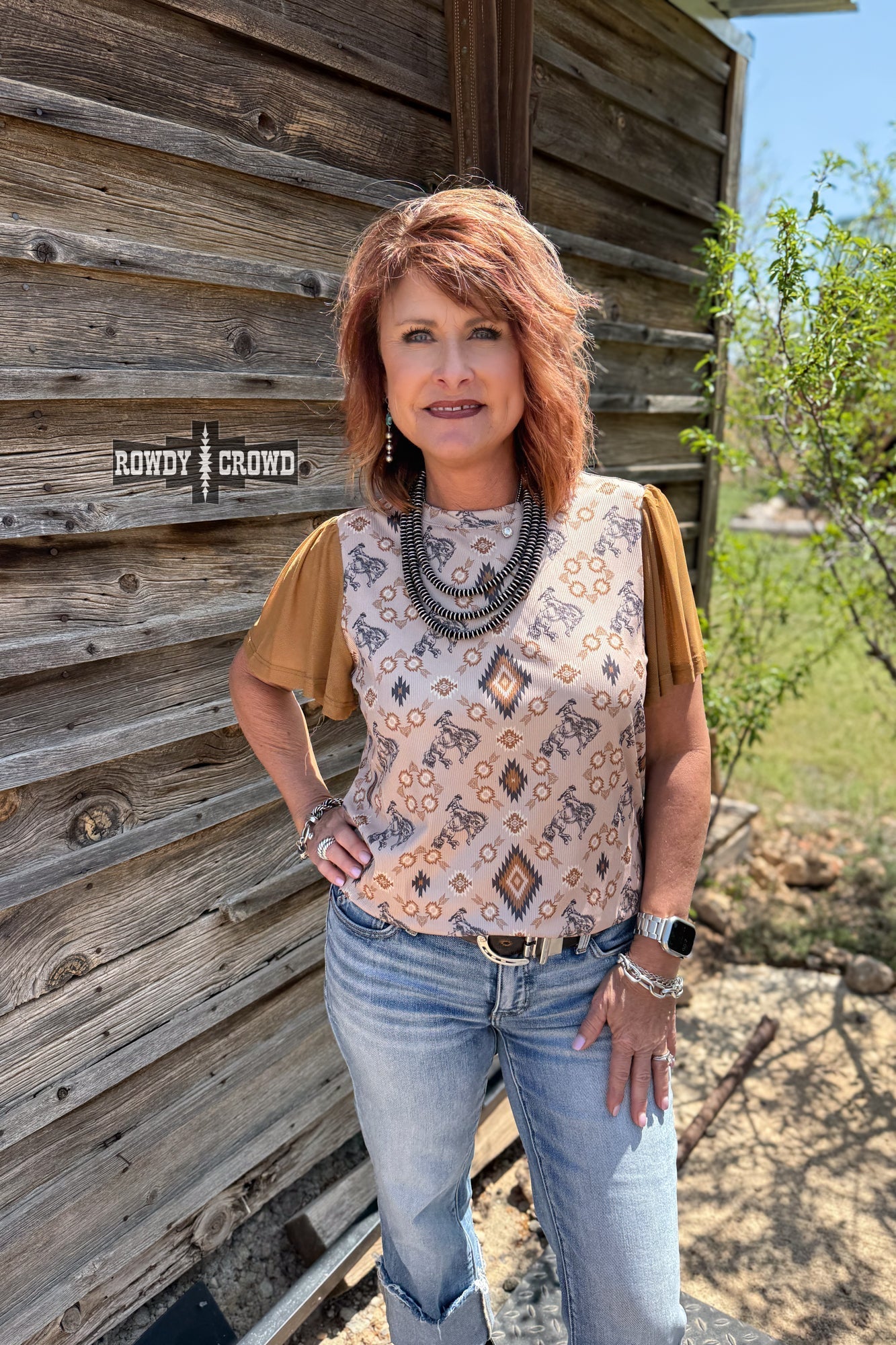 Western Print Top With Bronco Motif And Intricate Earthy Aztec Pattern Detailing