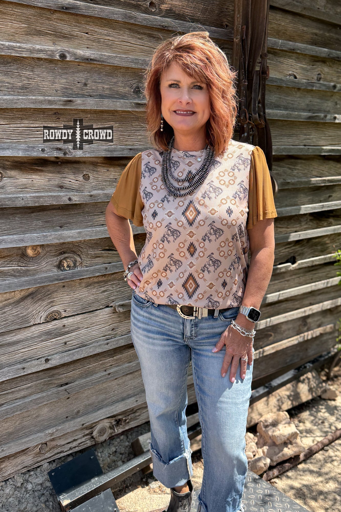 Western Print Top With Bronco Motif And Intricate Earthy Aztec Pattern Detailing