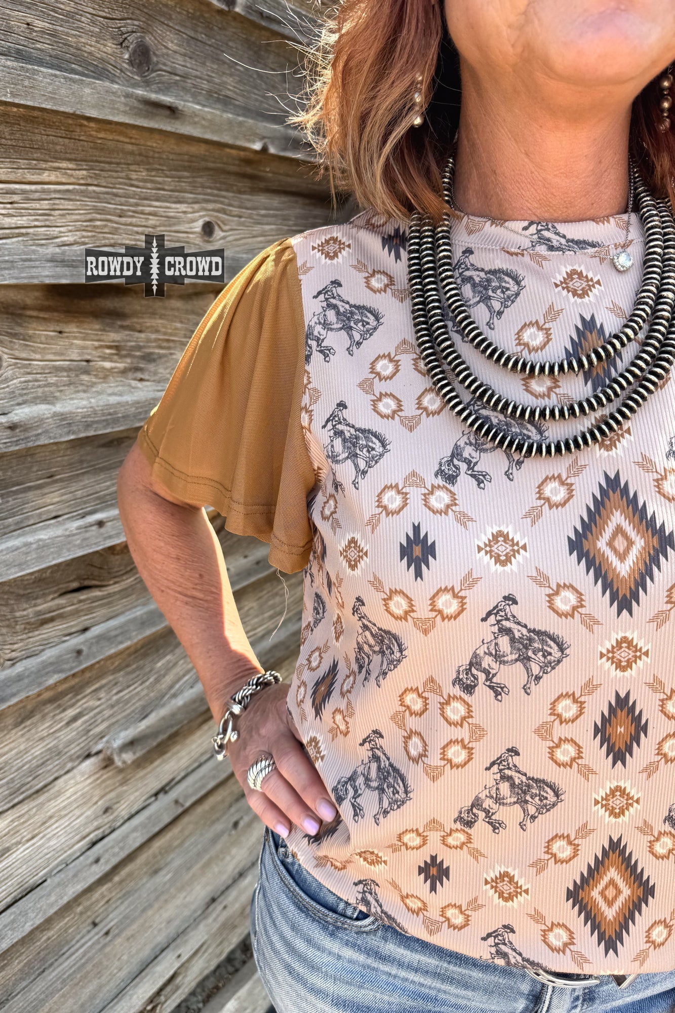 Western Print Top With Bronco Motif And Intricate Earthy Aztec Pattern Detailing
