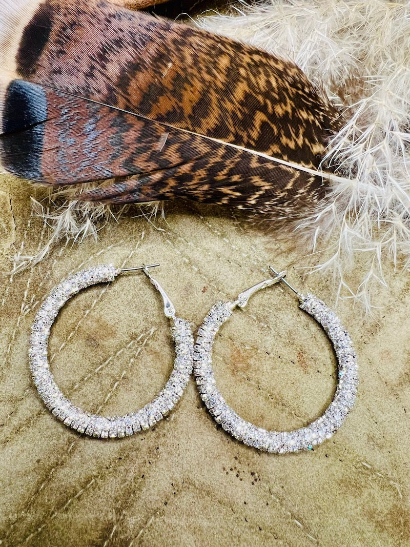 Clear Sparkle Medium Silver Hoops
