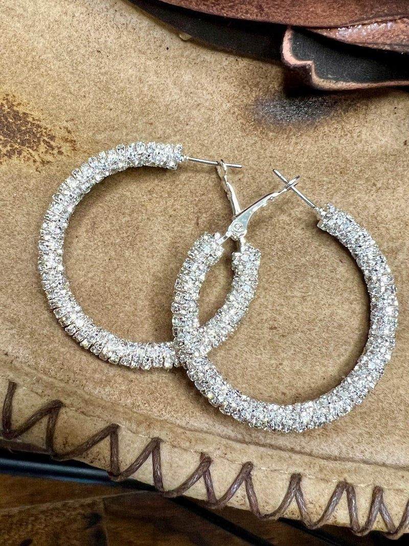 Clear Sparkle Medium Silver Hoops