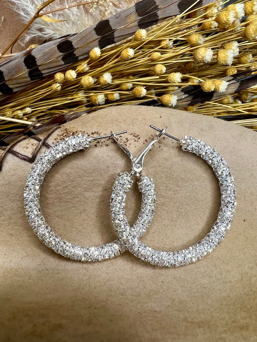 Clear Sparkle Medium Silver Hoops