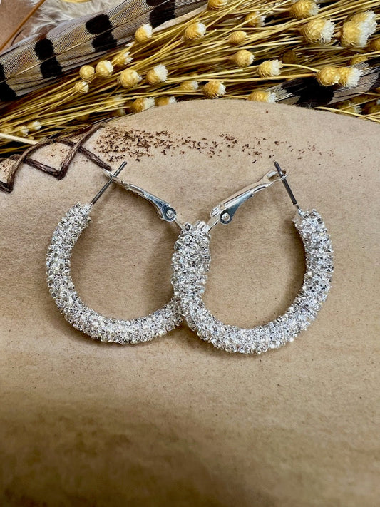 Clear Sparkle Medium Silver Hoops