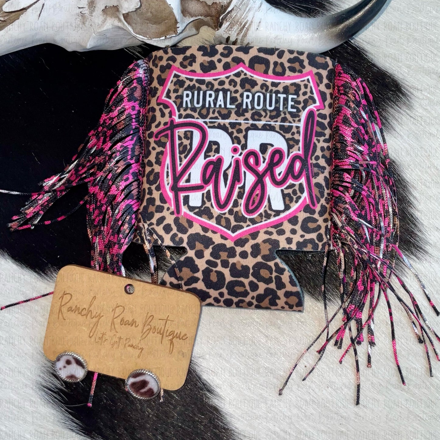 Rural Route Raised Pink Leopard Fringe Western Koozie