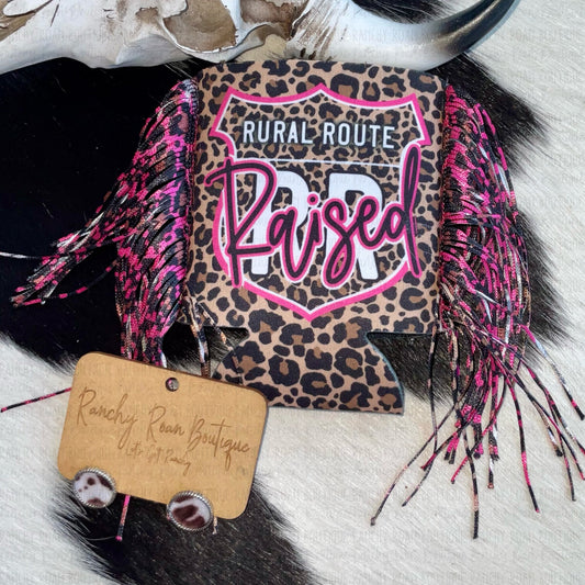 Rural Route Raised Pink Leopard Fringe Western Koozie