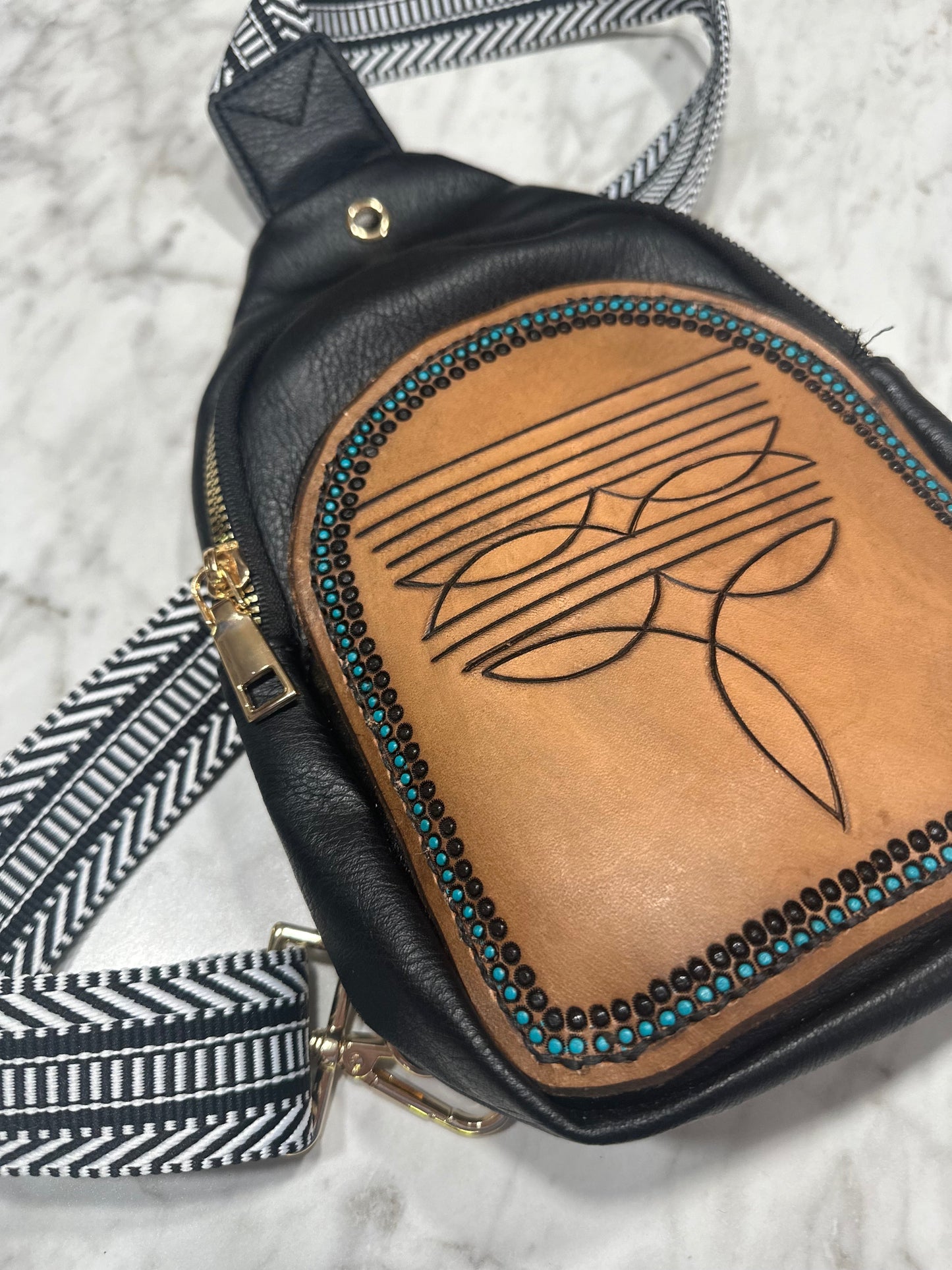 Leather Tooled Boot Stitch Slingbag