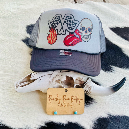 Faux Embroidery Edgy Distressed Western Foam Front Trucker Hat
