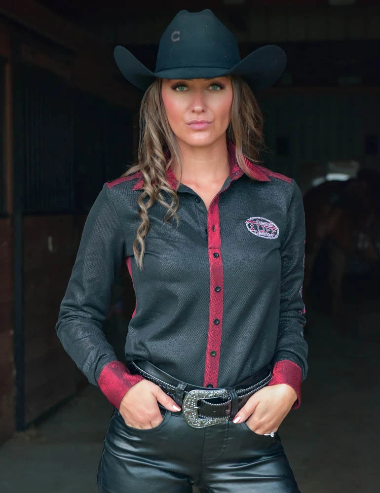Cowgirl Tuff Company Pullover Button Up (Red-Black Metallic Mid-Weight Stretch Jersey) RTS