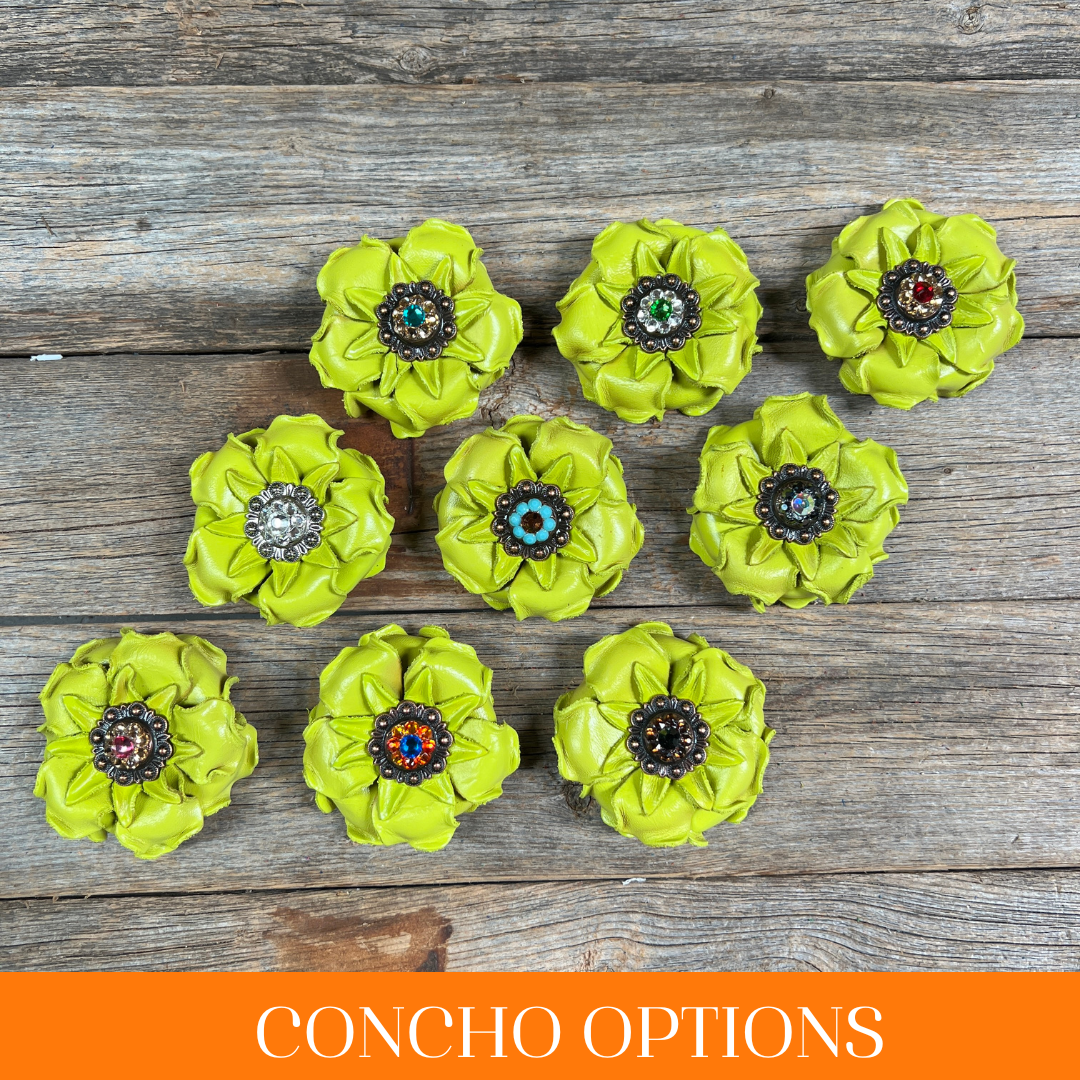 Lime Gardenia Leather Flowers - 1" Crystal Conchos - Options