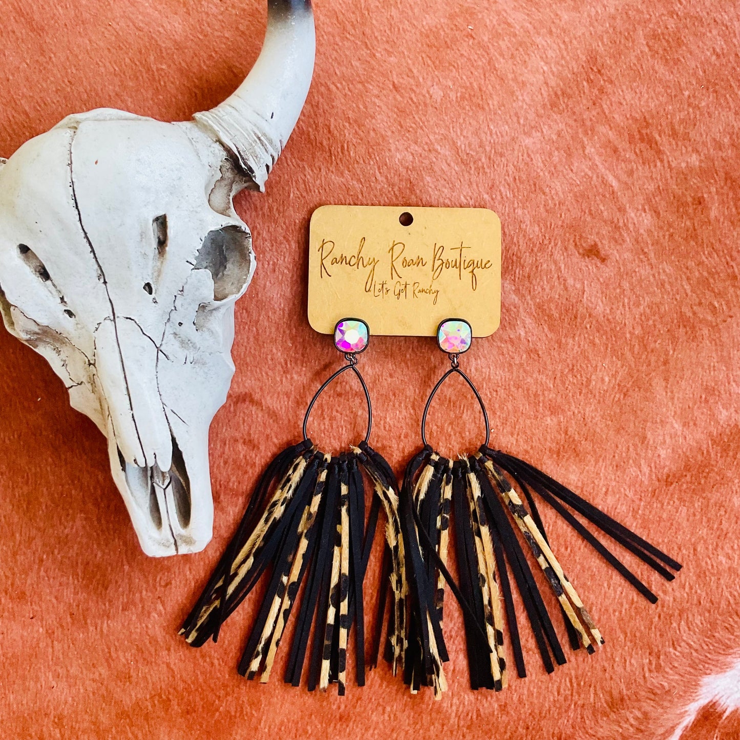 Black Western Glass Stone Teardrop Leather Tassel Stud Earrings