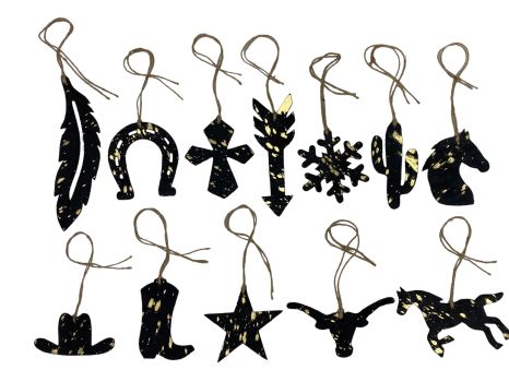 Gold/Black Acid Wash Leather Cowhide  Christmas Ornament - Sold Individually
