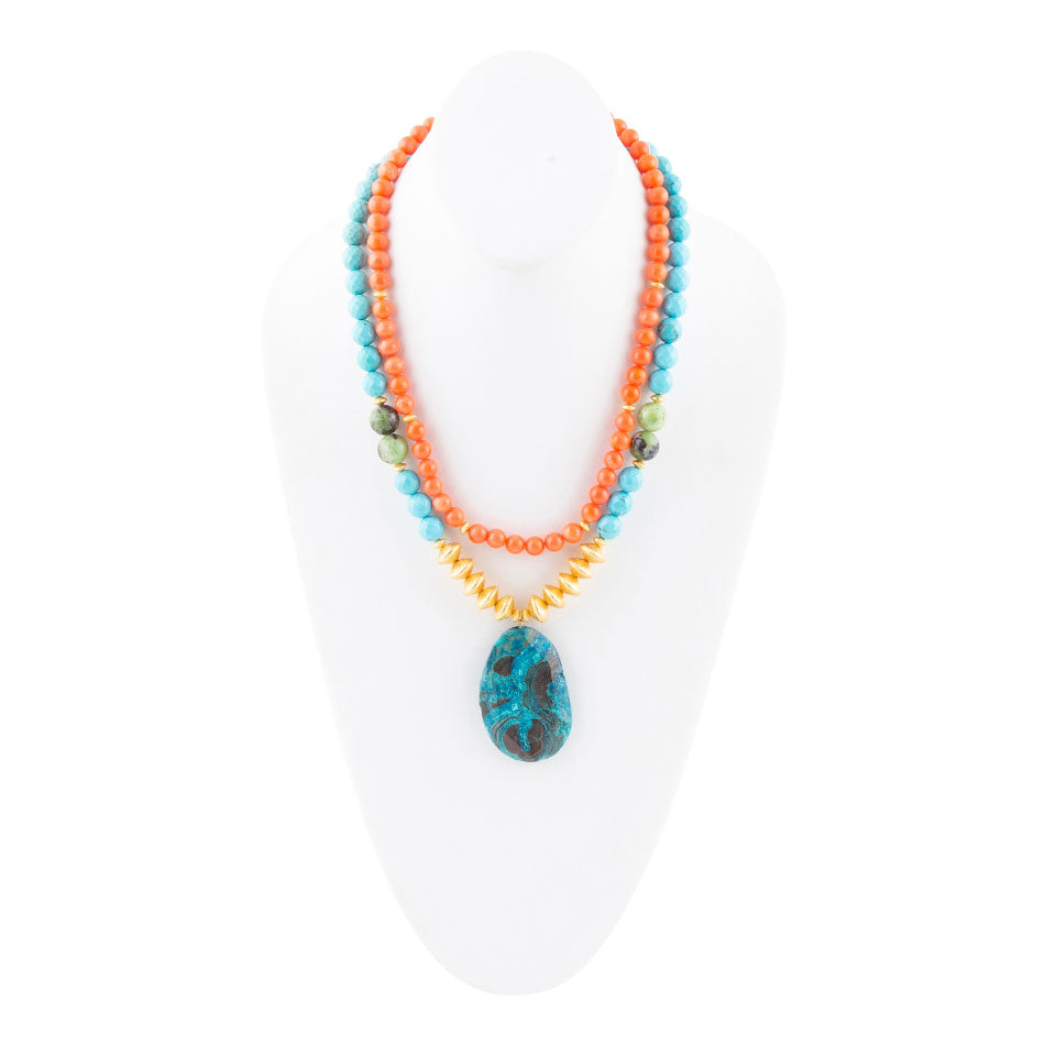 Mandy Orange and Blue Jasper Pendant Statement Necklace