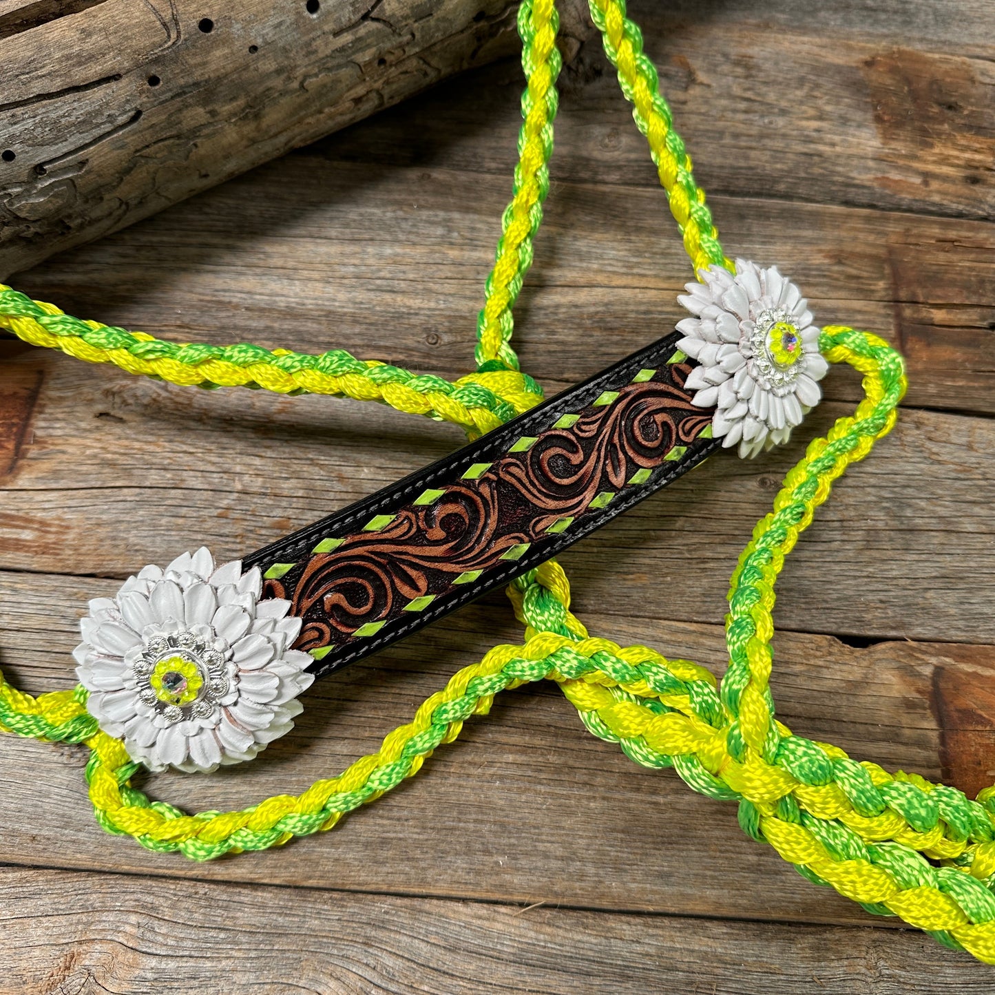 Yellow and Lime Mule Tape Halter - White Daisy #MT217