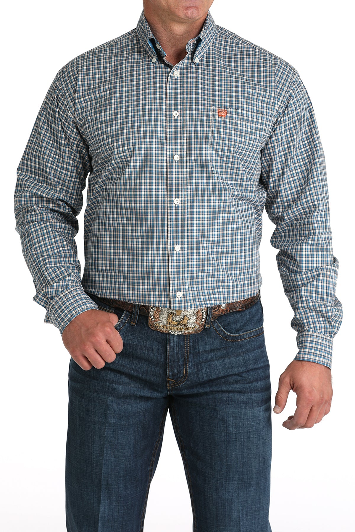 Mens Cinch LS Button Up- Blue/Orange Plaid