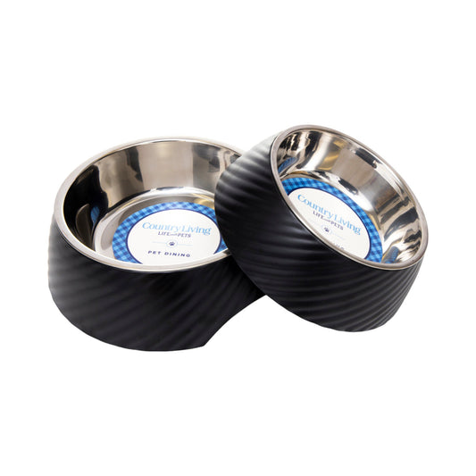 Country Living Set of 2 Round Twill Melamine Dog Bowls with Removable Stainless Steel Inserts – Black