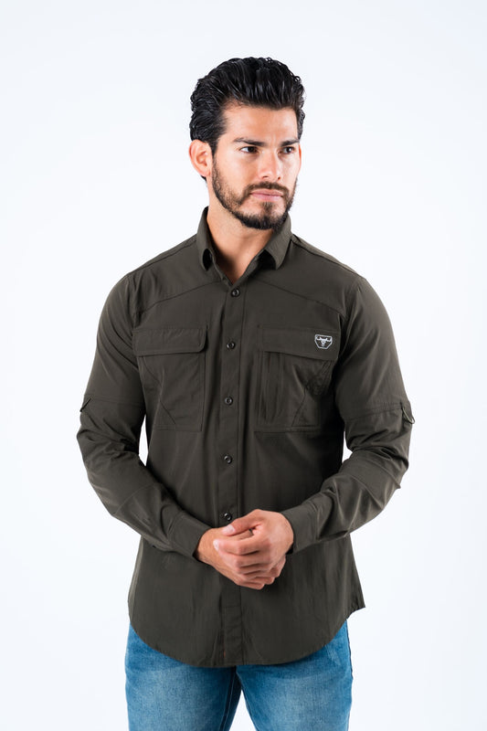 Men's Fishing Olive Long Sleeve Shirt