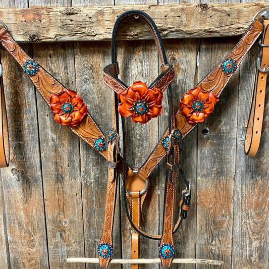 Light Oil Floral Tooled Orange and Teal Browband & Breastcollar Tack Set #BBBC427