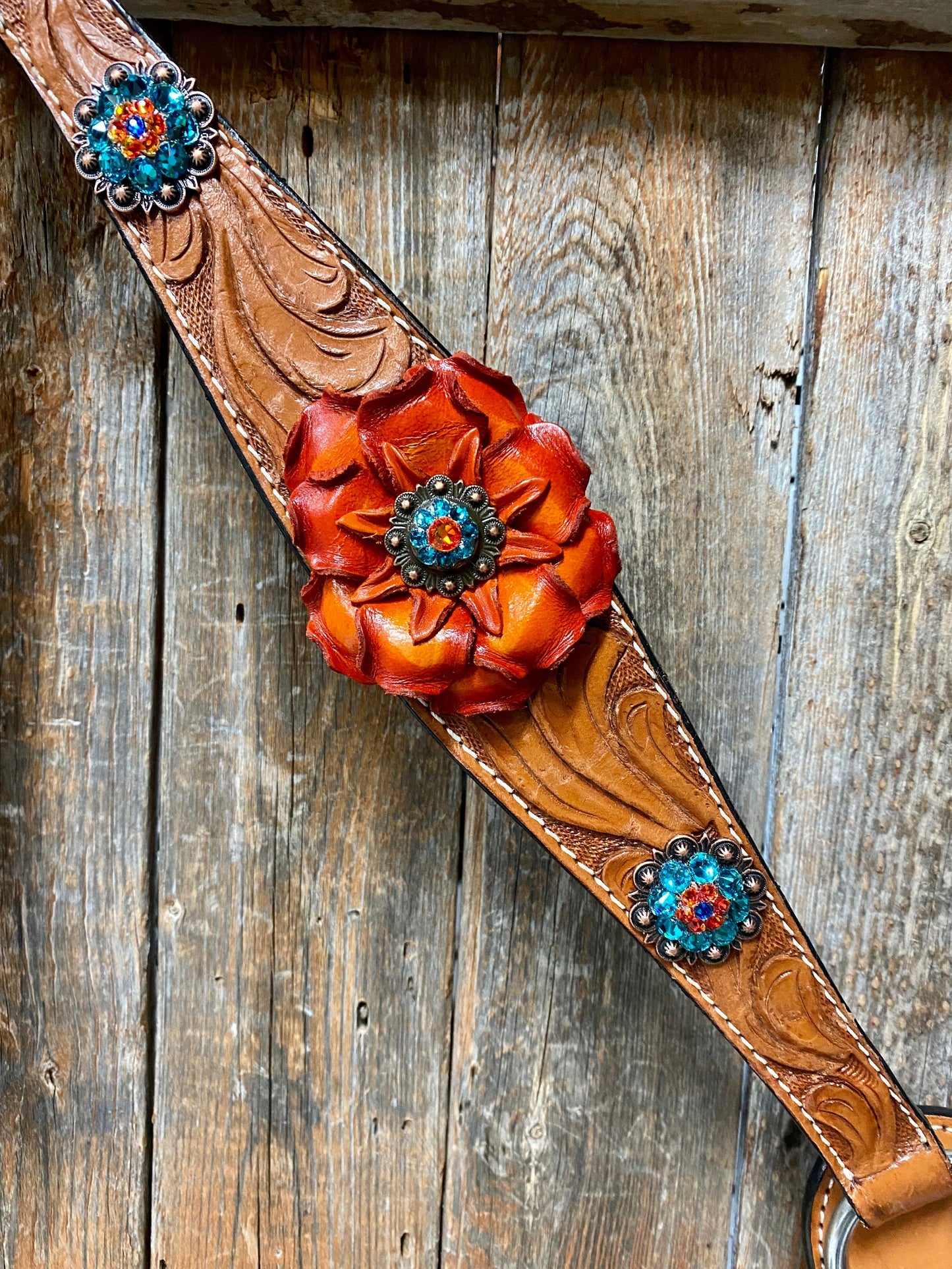 Light Oil Floral Tooled Orange and Teal Browband & Breastcollar Tack Set #BBBC427