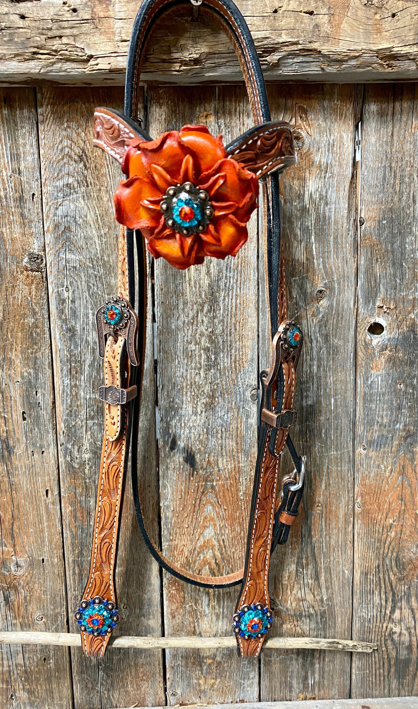 Light Oil Floral Tooled Orange and Teal Browband & Breastcollar Tack Set #BBBC427