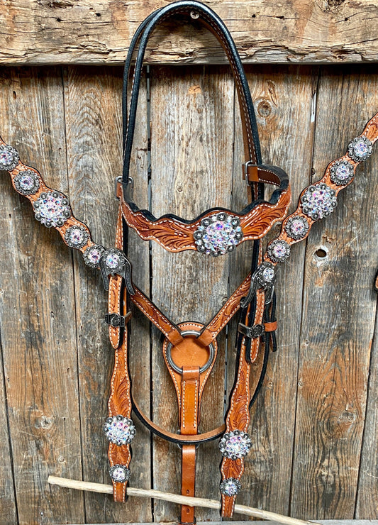 Light Oil and Antique Silver Browband & Breastcollar Tack Set #BBBC431