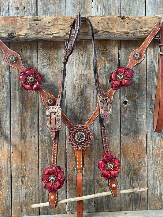 Light Oil Basketweave Champagne and Red One Ear & Breastcollar Tack Set #OEBC432