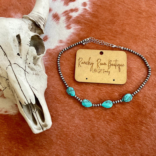 4mm Navajo Style Pearl Choker with Turquoise Stone – Western Jewelry