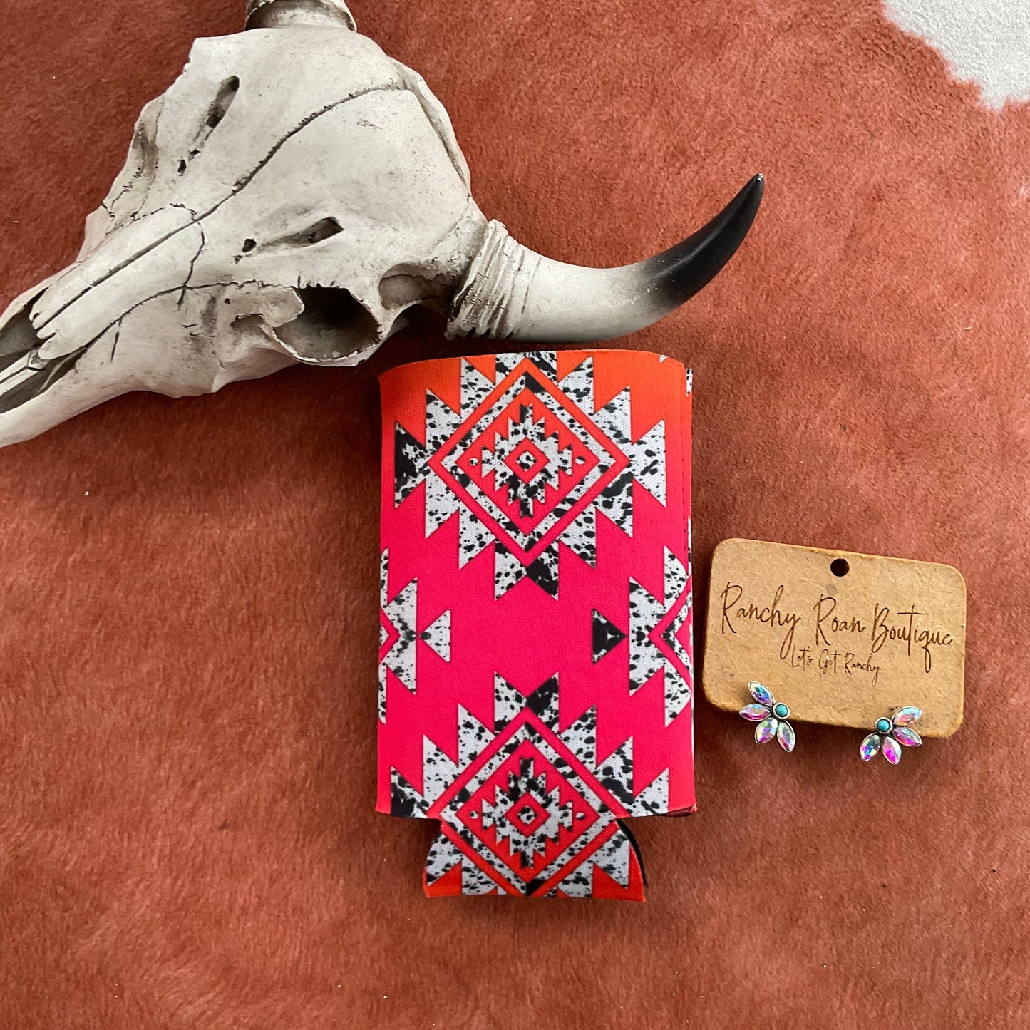 Neon Aztec Cowhide Koozie – Western Drink Sleeve