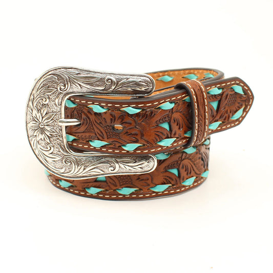 Nocona Floral Pierced Turquoise Underlay Girls Belt