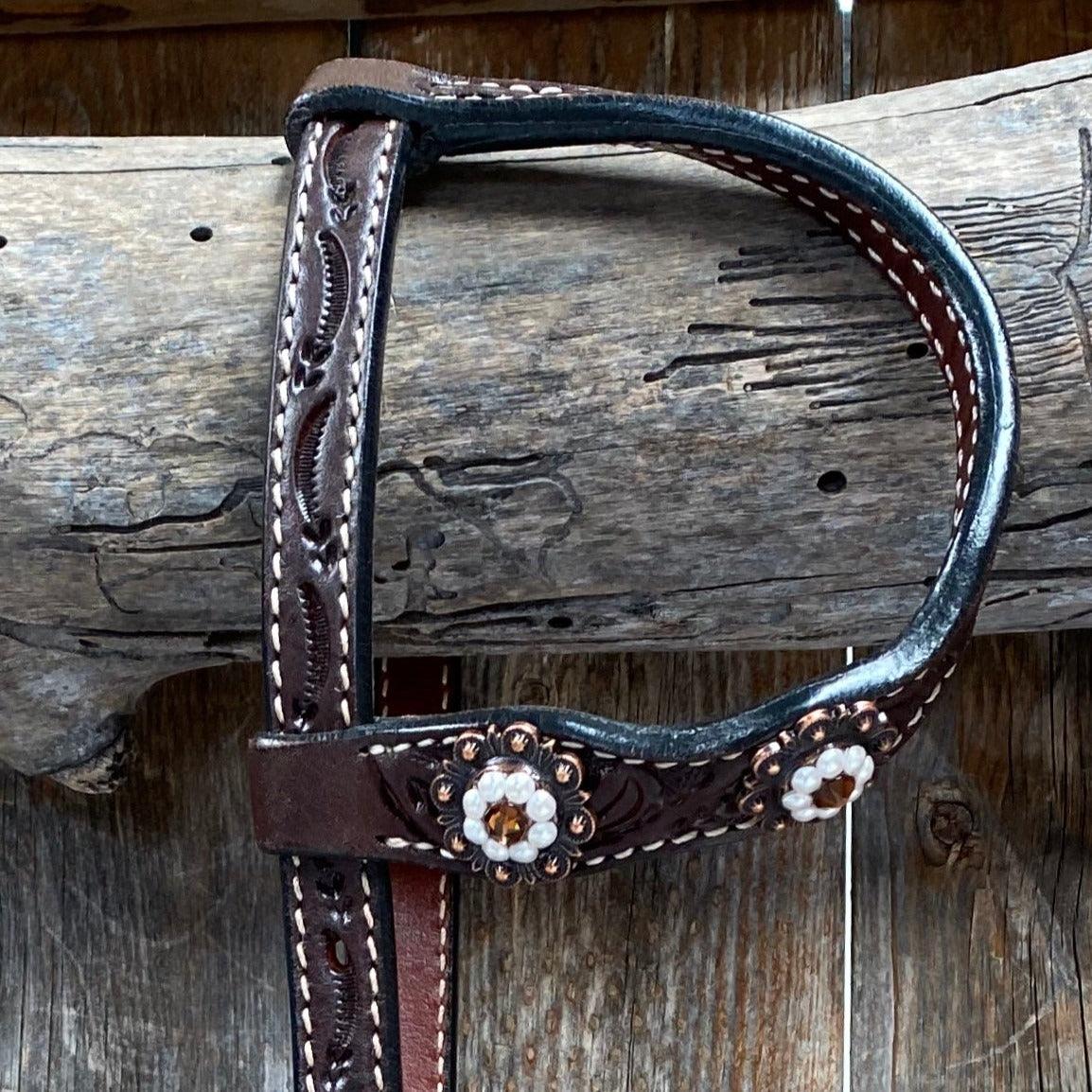 Dark Oil One Ear Headstall / Bridle - White Flower & European Crystal Conchos #OE241