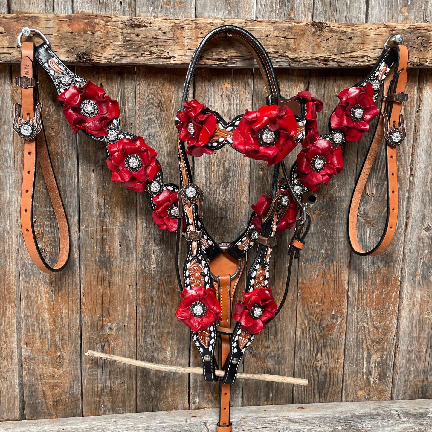 Classic Red Rose and Clear Browband/One Ear Tack Set #OEBC421