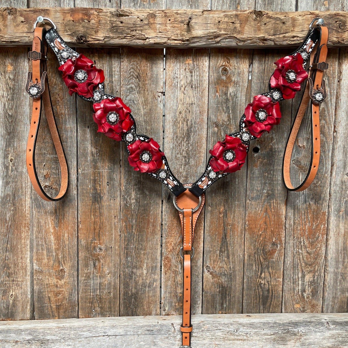 Classic Red Rose and Clear Browband/One Ear Tack Set #OEBC421
