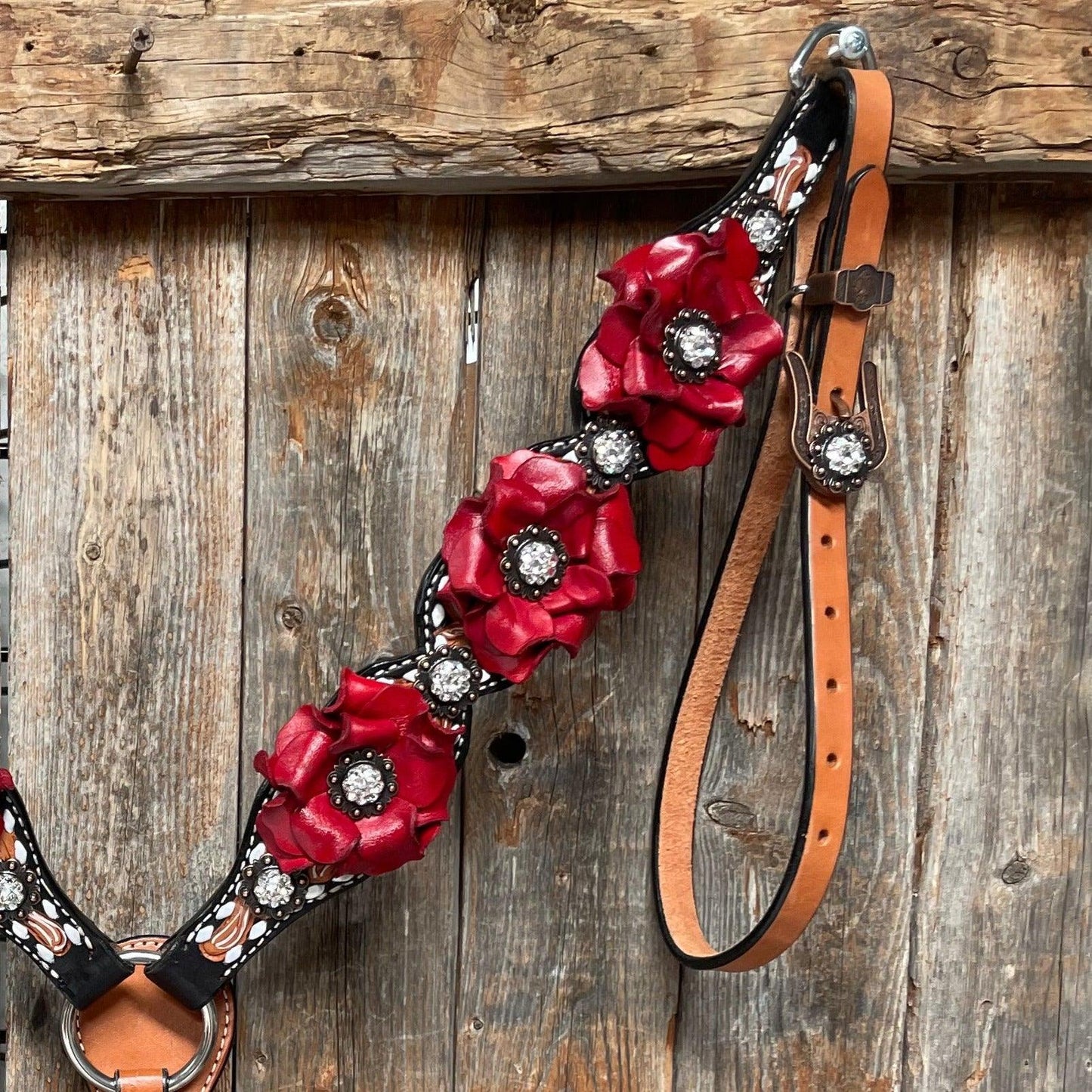 Classic Red Rose and Clear Browband/One Ear Tack Set #OEBC421