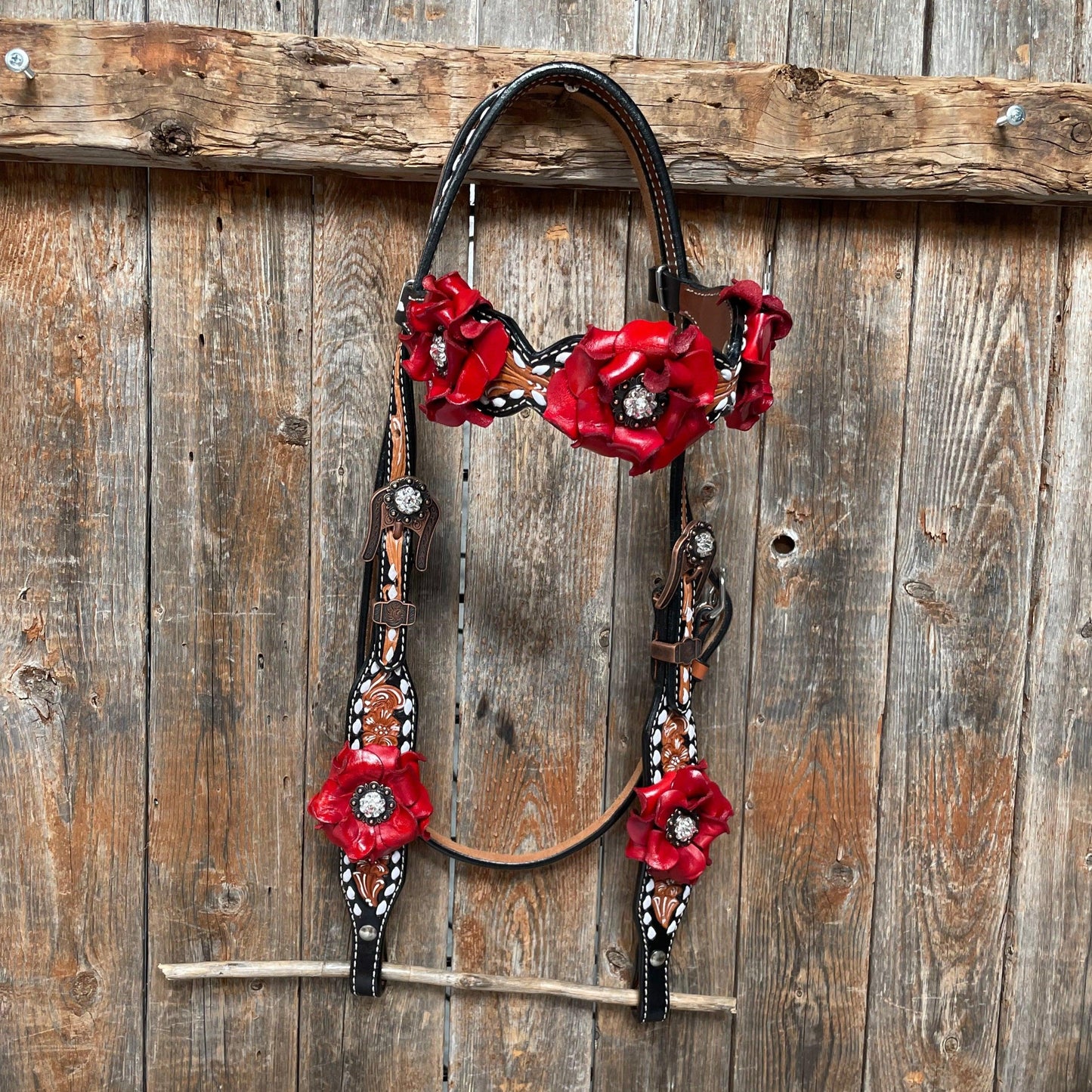 Classic Red Rose and Clear Browband/One Ear Tack Set #OEBC421