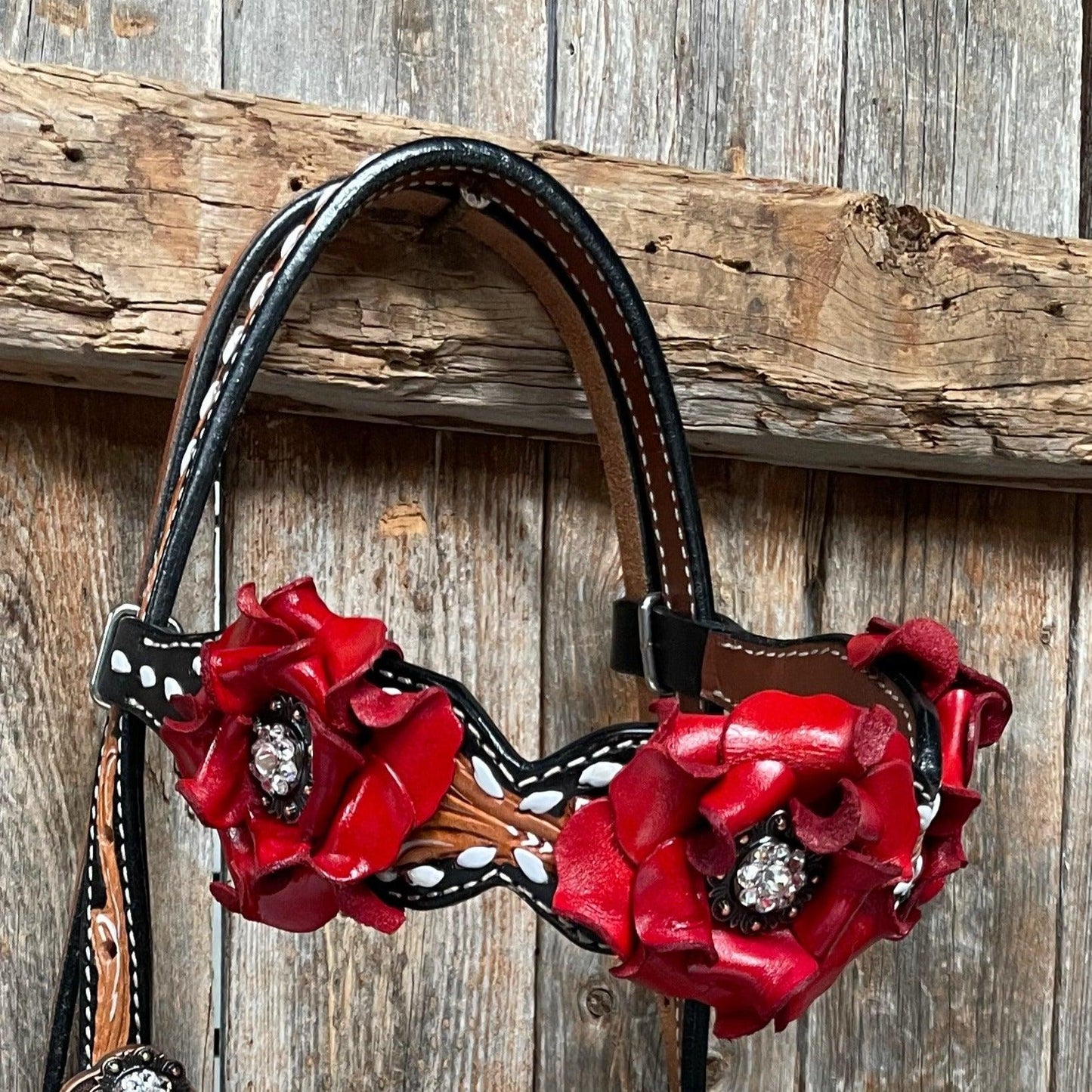 Classic Red Rose and Clear Browband/One Ear Tack Set #OEBC421