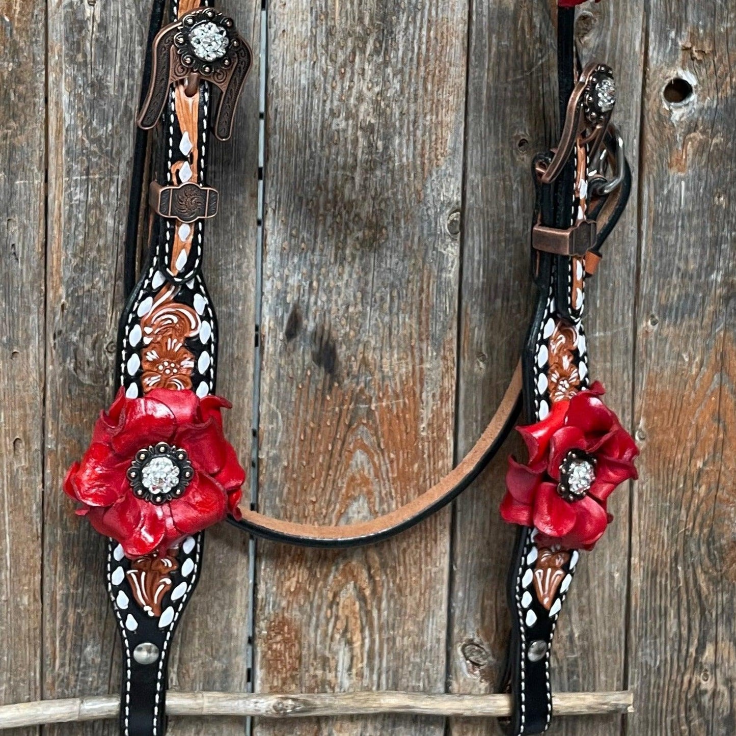 Classic Red Rose and Clear Browband/One Ear Tack Set #OEBC421