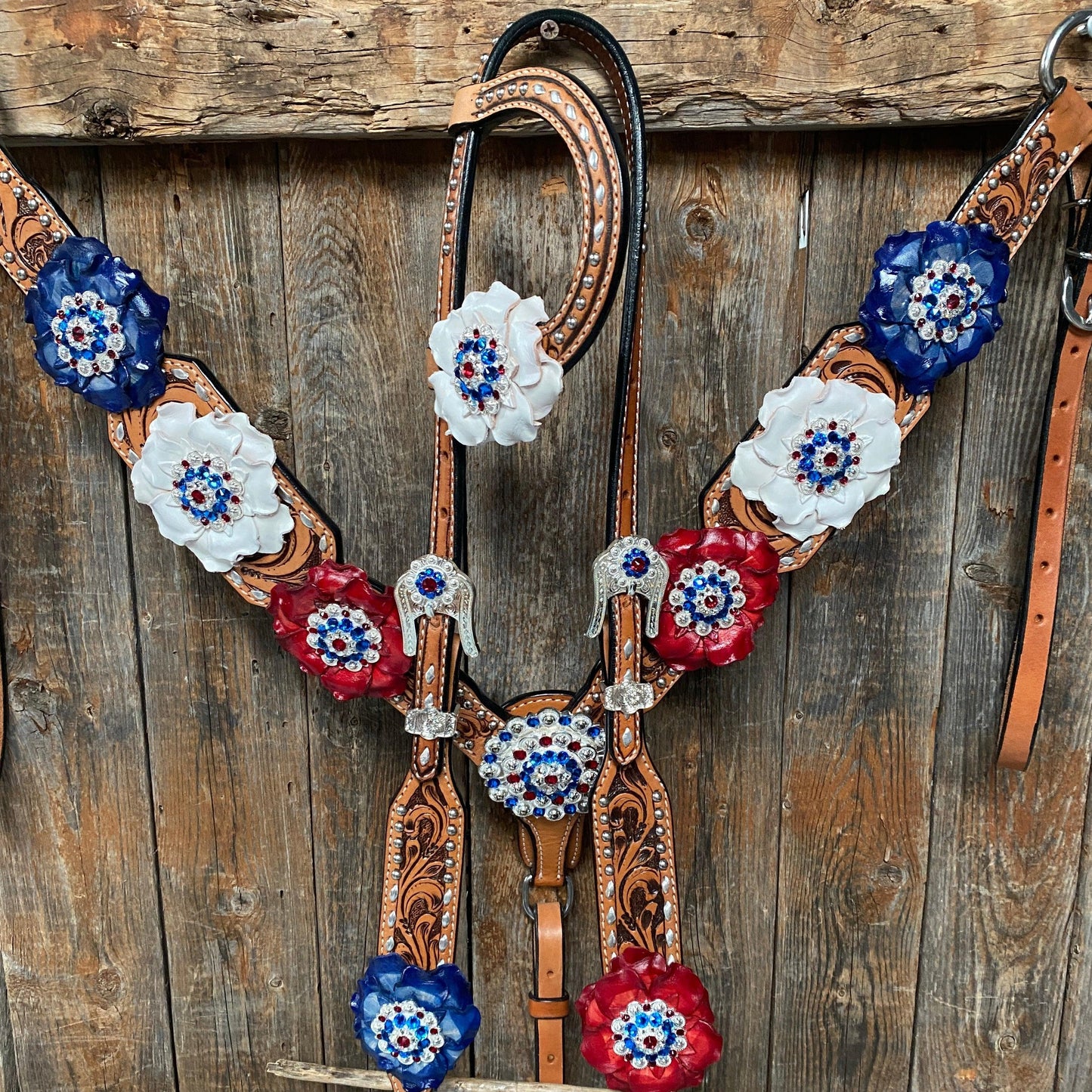 Silver Buckstitch Patriotic One Ear Tack Set  #OEBC470