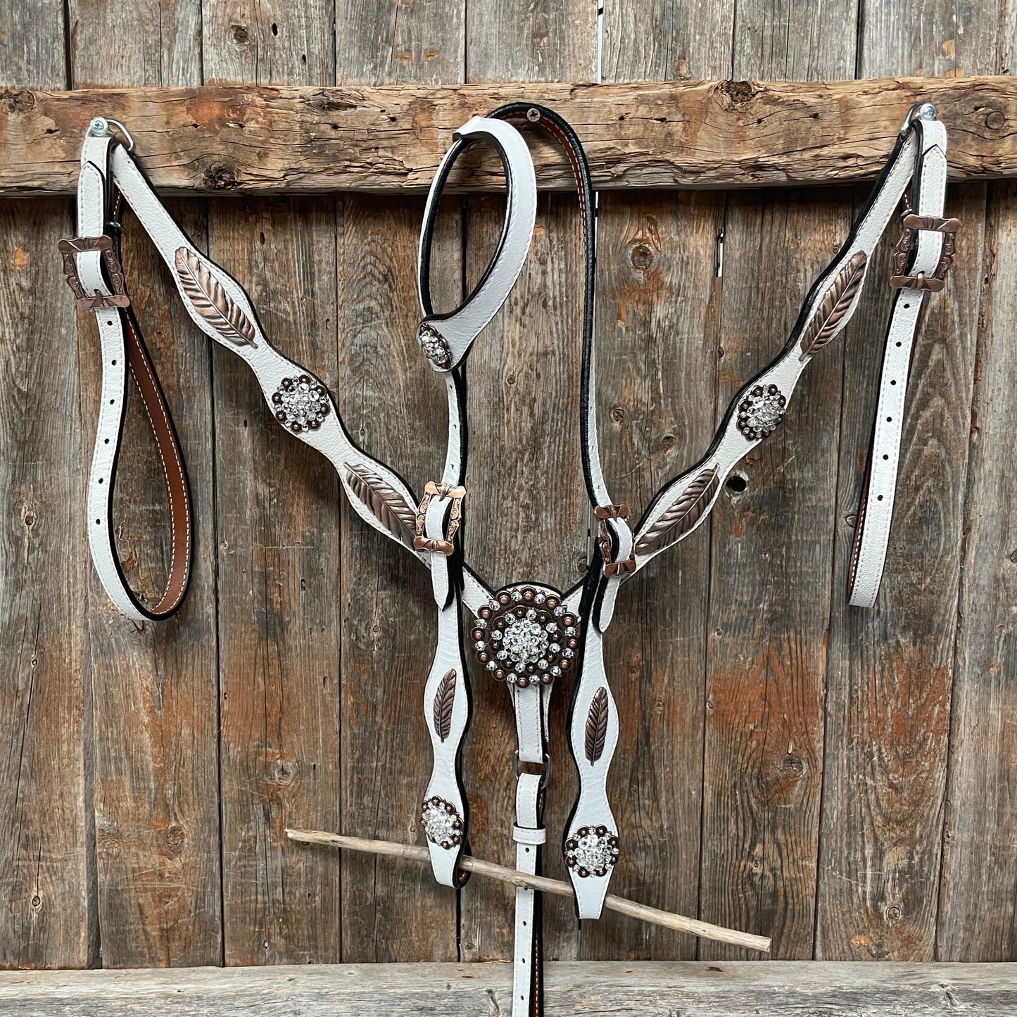 White Leather Copper Clear and Feather  Browband/One Ear Tack Set #OEBC482