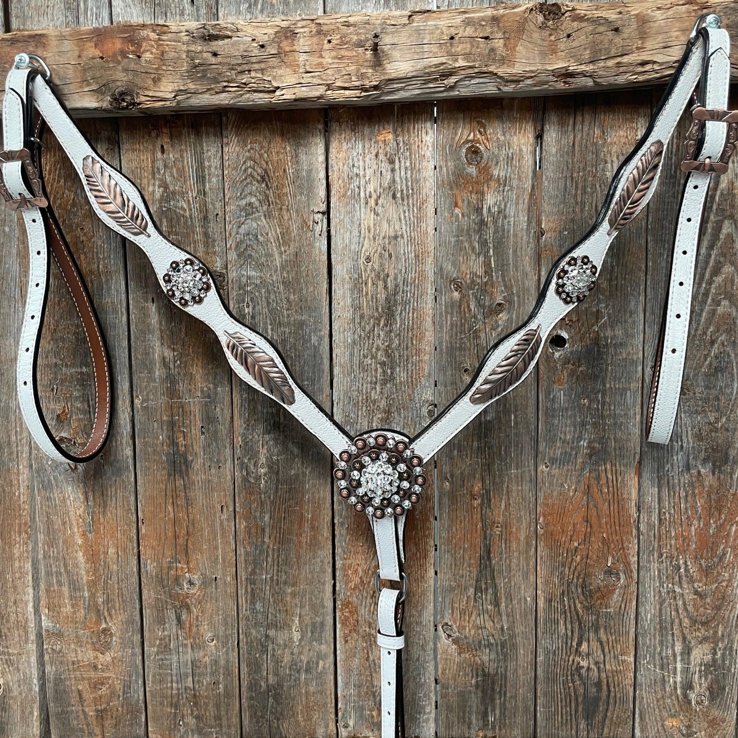 White Leather Copper Clear and Feather  Browband/One Ear Tack Set #OEBC482